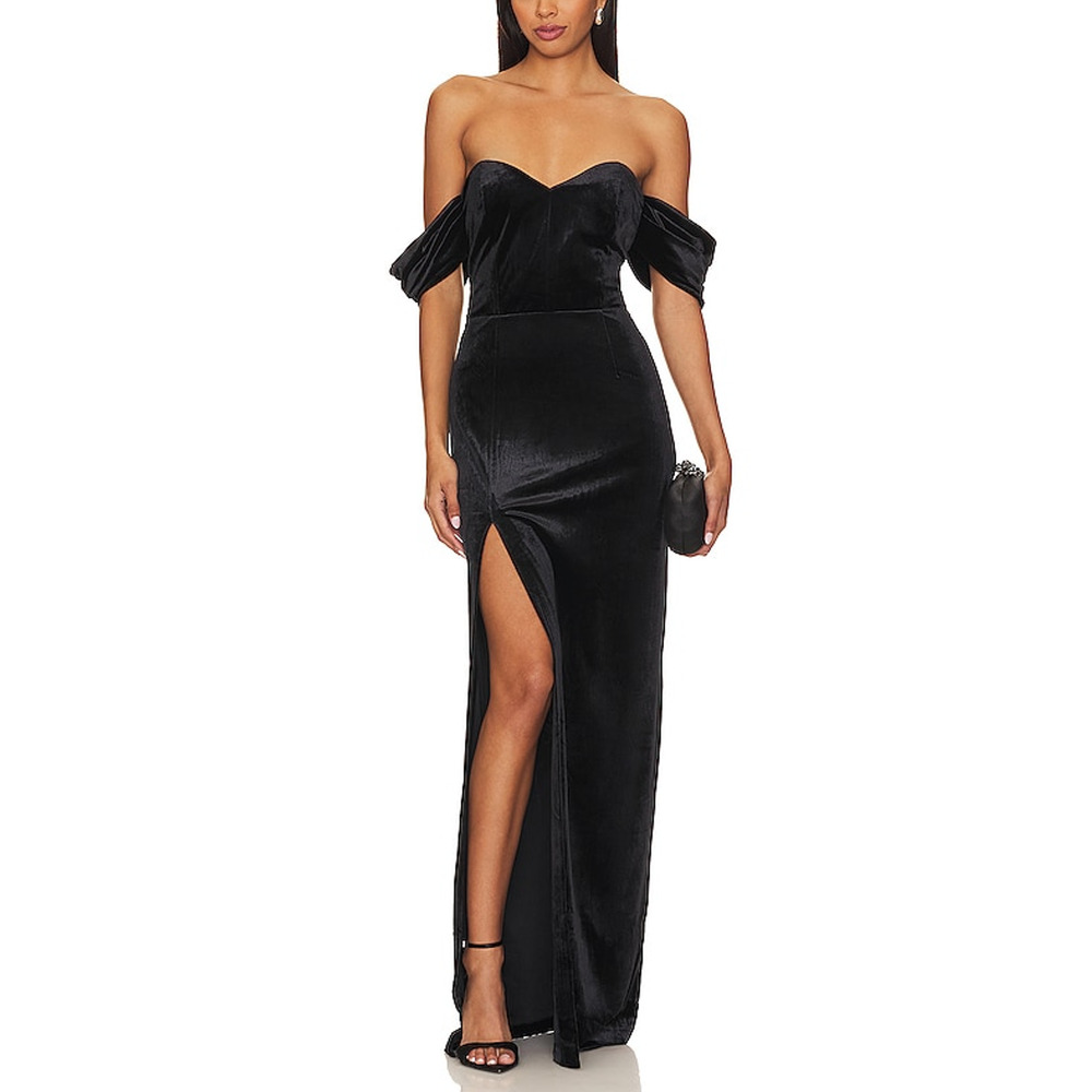 Amanda Uprichard 'Falcon' Black Off Shoulder Velvet Gown Size S
